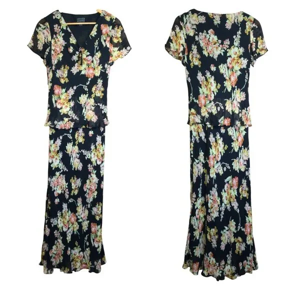 Spenser Jeremy Dresses | Y2k Dark Floral Silk Midi Dress Sheer Overlay Beaded Size 6 Fairy Romantic | Color: Black | Size: 6 | Pm-29658233'S Closet